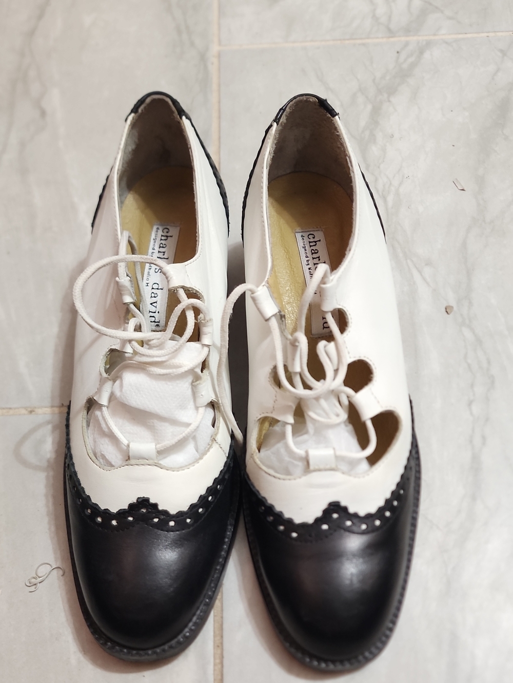 Charles David White and Black Lace-Up Brogue Flats